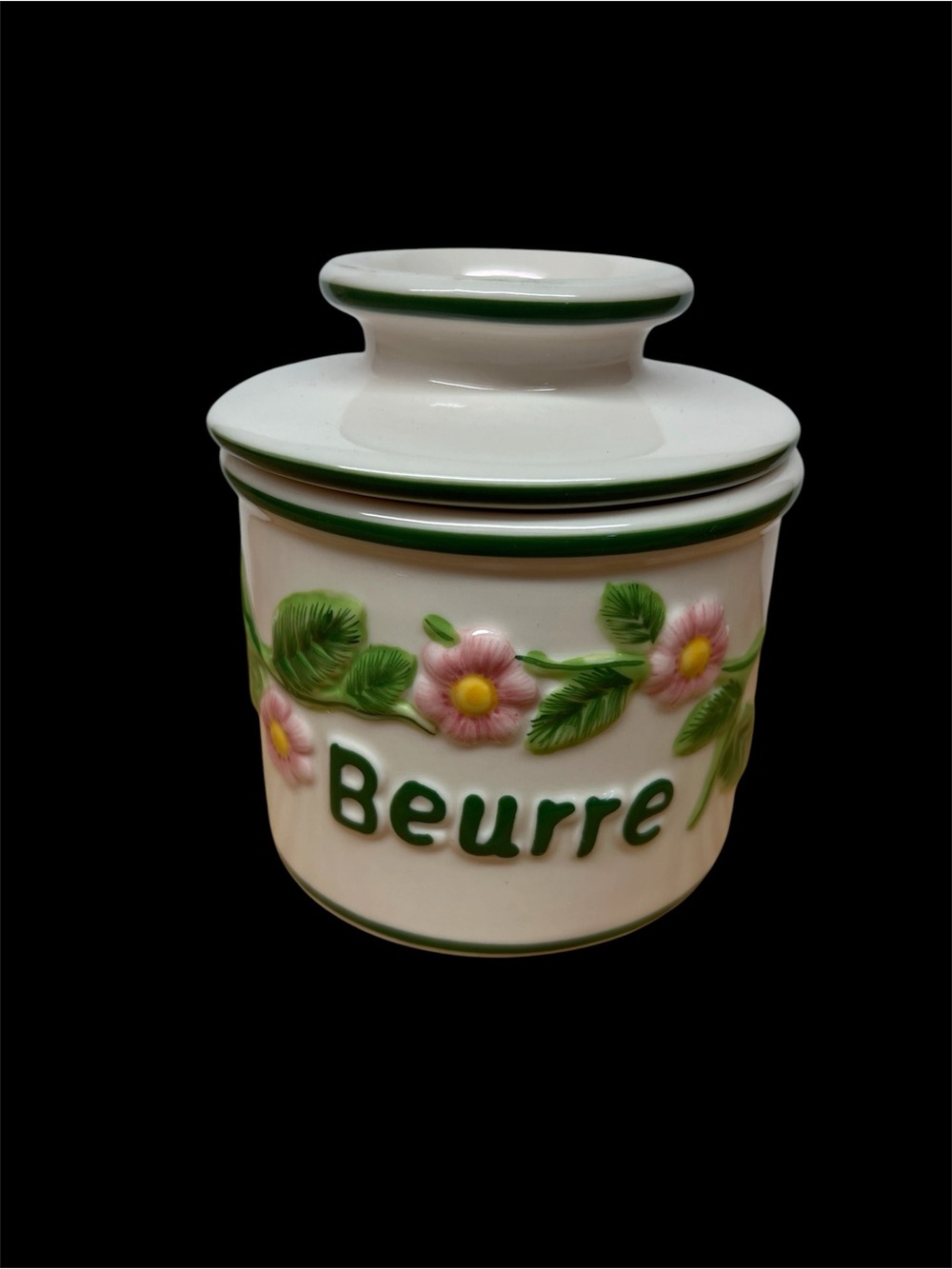 Butter Crock with Pink Floral Relief